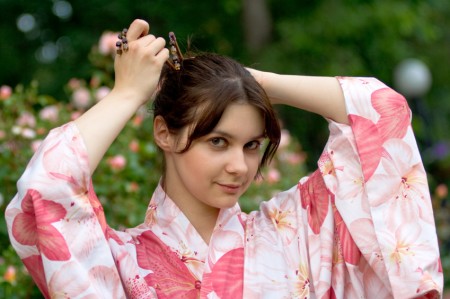 Girl in a pink yukata in the park